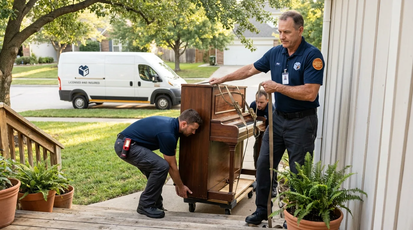 Licensed piano movers securing grand piano in Solon, IA
