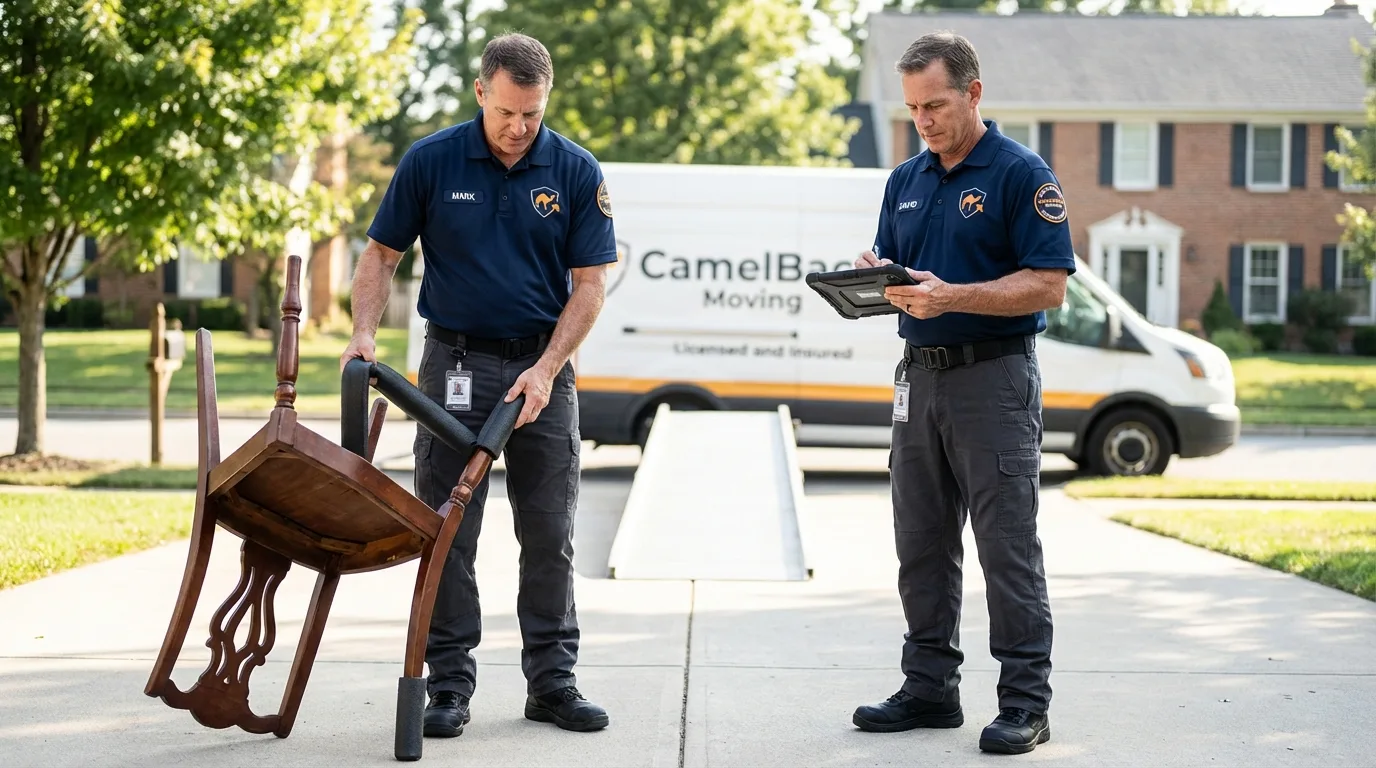 Movers inspecting furniture for damage prevention before loading in Solon, IA